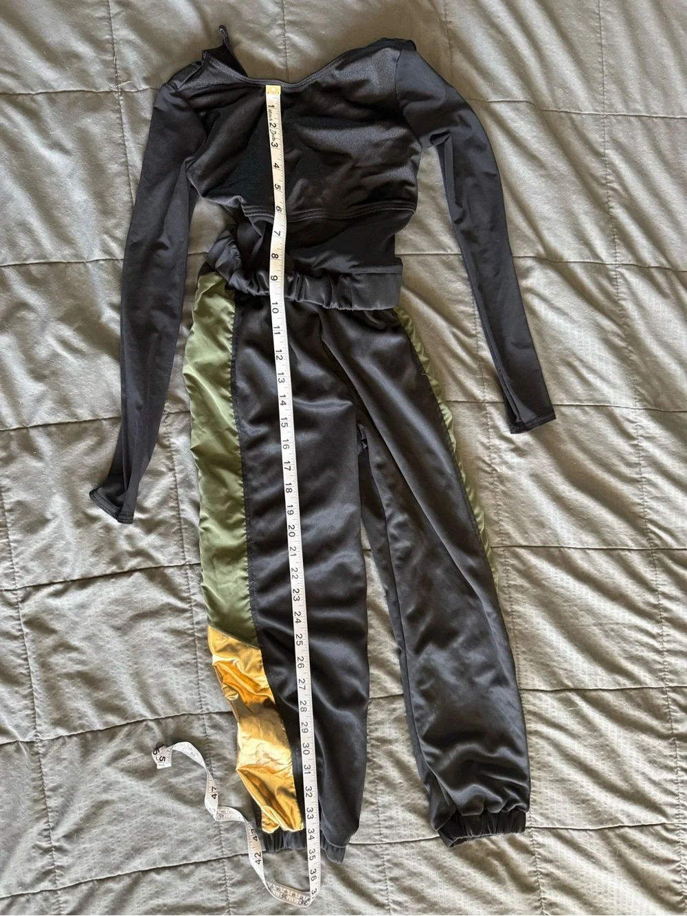 Weissman Black Jumpsuit with Olive Panels and Gold Accents